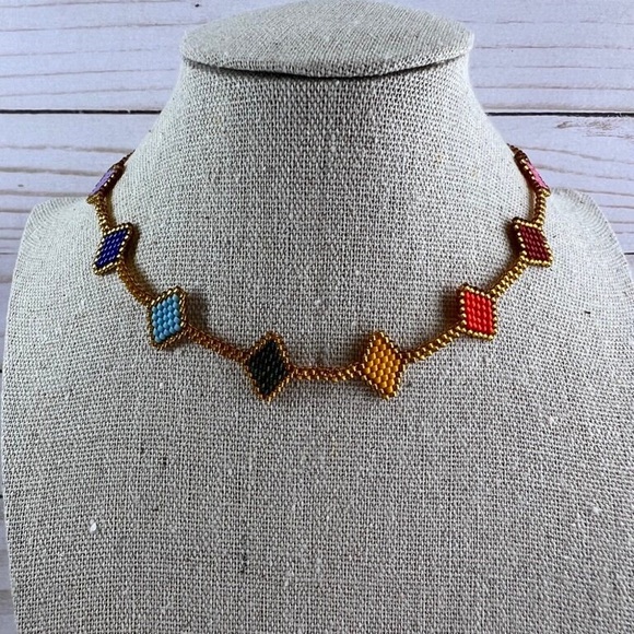 Colorful Beaded Geometric Choker - Trendy Gold Choker - Handmade Necklace - Picture 2 of 4